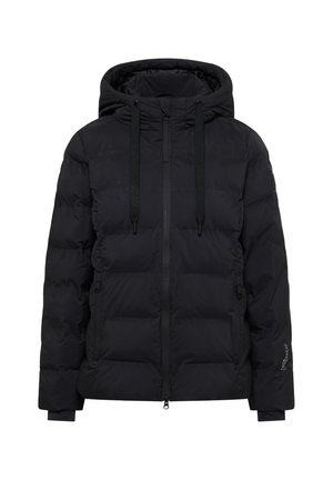 Schwarze Steppjacke mit Kapuze, ausgestattet mit einem Frontreißverschluss, verstellbaren Kordelzügen und einem gesteppten Karomuster. Enthält zwei seitliche Taschen.