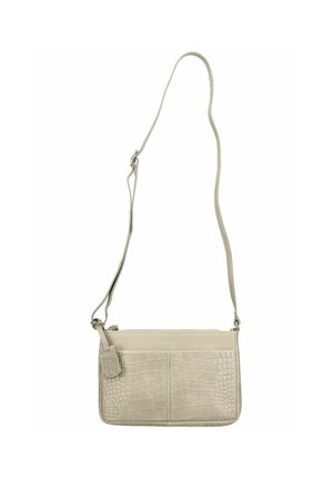 Bolso bandolera de cuero beige con textura de cocodrilo, correa ajustable, cierre de cremallera y pequeña etiqueta de cuero con marca en el lateral.