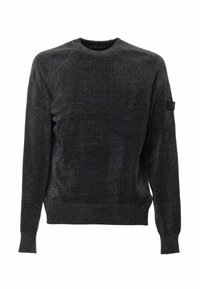 Maglione grigio scuro lavorato a maglia con scollo rotondo, dettagli a coste sulle spalle e toppa con logo sulla manica sinistra. Tessuto morbido e vestibilità comoda.