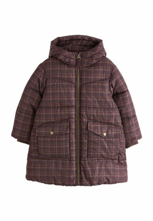 Cappotto invernale imbottito a quadri marrone e viola con cappuccio, cerniera frontale e due grandi tasche con pattina e chiusura a scatto.