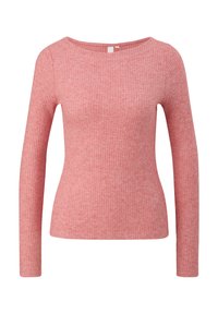 Langärmliger gerippter Pullover in Hellrosa, mit Rundhalsausschnitt, taillierter Passform und strukturiertem Stoff mit subtilen Variationen.