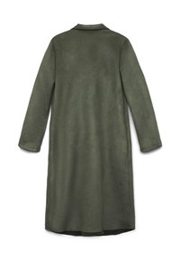 Manteau vert olive à manches longues et col, texture lisse, longueur genoux, coupe droite, sans boutons ni ornements visibles à l'arrière.