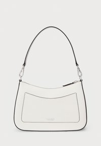 Weißer strukturierter Handtasche mit geschwungener Form, schwarzen Akzenten, silbernem Beschlag und Reißverschluss. Verfügt über eine Fronttasche.