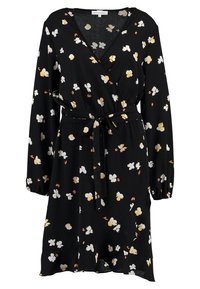 Černé zavinovací šaty s dlouhými rukávy, zdobené květinovým vzorem v bílé, žluté a oranžové barvě. Obsahují odpovídající pásek v oblasti pasu.