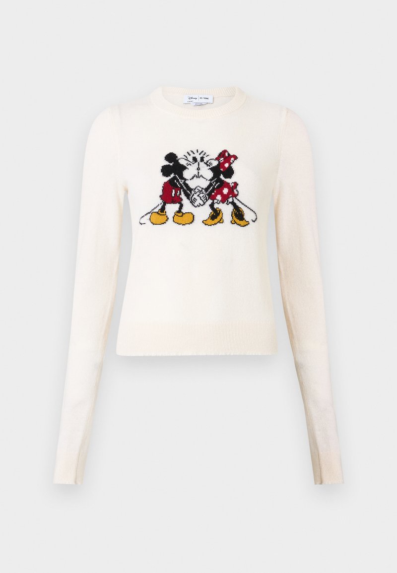 Cremefarbener Langarm-Pullover mit gestricktem Motiv von Mickey und Minnie Mouse, die sich in der Mitte vorne küssen.