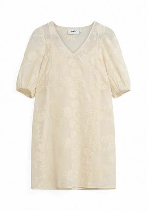 Cremefarbenes Kleid mit V-Ausschnitt, kurzen Puffärmeln und floraler Stickerei. Hergestellt aus leichtem, transparentem Stoff.