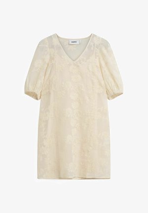 Crème-kleurige jurk met een V-hals, korte pofmouwen en bloemenborduursel over de hele jurk. Gemaakt van lichtgewicht, doorschijnende stof.
