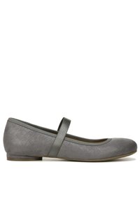 Ballet flats en tissu gris avec un bout rond, une bride étroite sur le cou-de-pied et un petit talon. Surface texturée avec un subtil éclat.