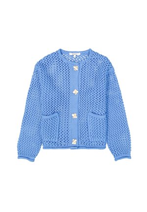 Blauwe gebreide cardigan met een textuurdesign, ronde halslijn, voorzakken en vier metalen knopen voor sluiting.