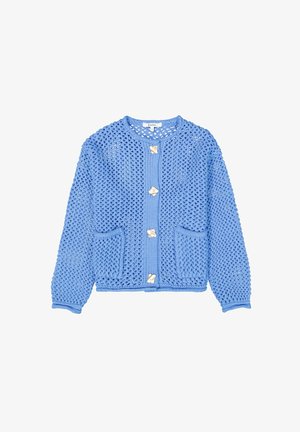 Blauer, gestrickter Cardigan mit strukturiertem Design, rundem Halsausschnitt, Fronttaschen und vier metallischen Knöpfen zum Schließen.