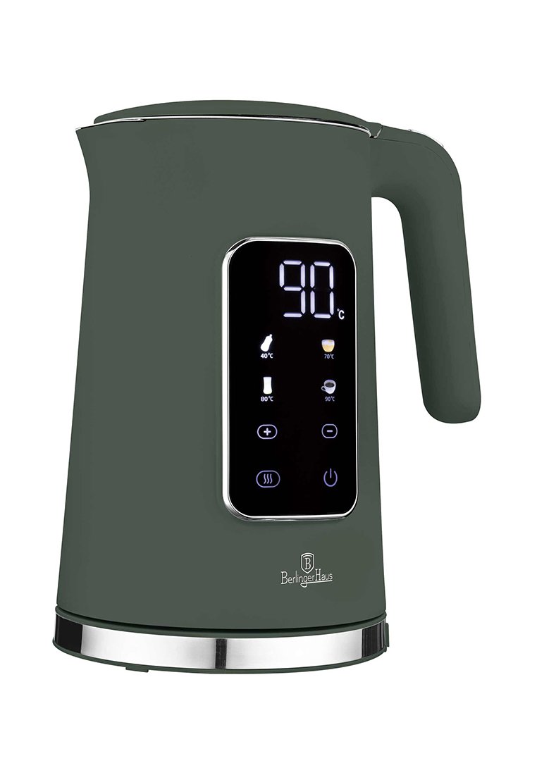 Elektrický konvice s matně zeleným tělem, nerezovou základnou a digitálním displejem. Disponuje nastavením teploty od 40 °C do 90 °C.