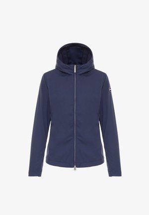 Marineblauw gewatteerd jack met capuchon, volledige ritssluiting aan de voorkant, lange mouwen en een kleine ronde logopatch op de linker bovenarm.