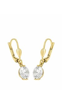 Pendientes de metal en tono dorado con gemas claras de corte ovalado suspendidas de cierres de palanca. Superficie lisa con acabado pulido.