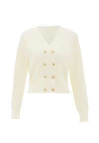 Cardigan corto color crema, con scollo a V, motivo a treccia e sei bottoni dorati al centro. Maniche lunghe.