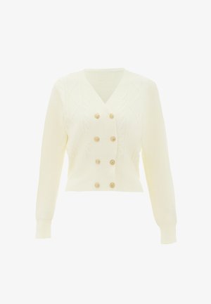 Crème-kleurige kortere cardigan met een V-hals, kabelbreipatroon en zes goudkleurige knopen in het midden. Lange mouwen.