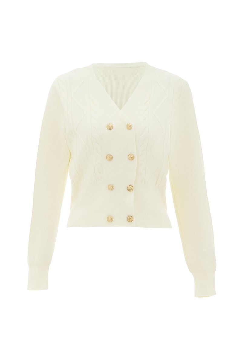 Cardigan corto color crema, con scollo a V, motivo a treccia e sei bottoni dorati al centro. Maniche lunghe.