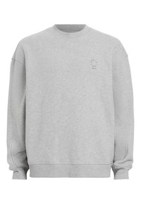 Sweatshirt gris clair à col rond avec manches longues et petit logo circulaire sur la poitrine gauche indiquant « Sunspel London ».