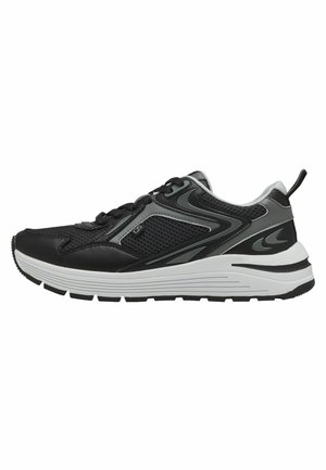 Black and gray athletic shoes featuring a mesh upper, padded collar, laces, and a thick white midsole with black rubber outsole.
