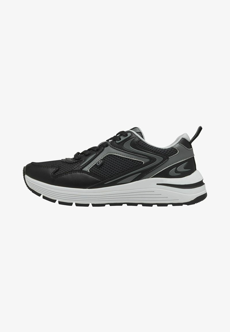 Zapatos deportivos negros y grises con parte superior de malla, collar acolchado, cordones y una gruesa mediasuela blanca con suela de goma negra.