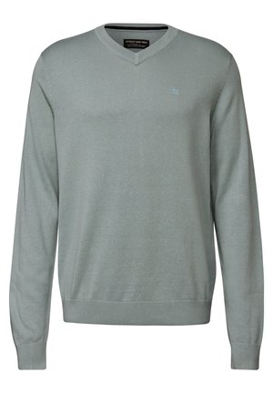 V-Ausschnitt Pullover in Hellgrün, aus weichem Strickmaterial gefertigt. Mit langen Ärmeln, gerippten Bündchen und einem kleinen Logo auf der Brust.