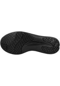 Semelle de chaussure de sport noire dotée d'un motif de grip texturé avec des échelles et des formes variées, conçu pour l'adhérence et la stabilité.