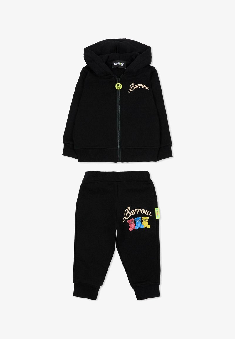 Czarny zestaw z bluzy z kapturem i spodni wykonany z bawełny, z żółtym uchwytem suwaka w kształcie niedźwiedzia, z napisem „Barrow” oraz kolorowymi akcentami graficznymi z niedźwiedziem.
