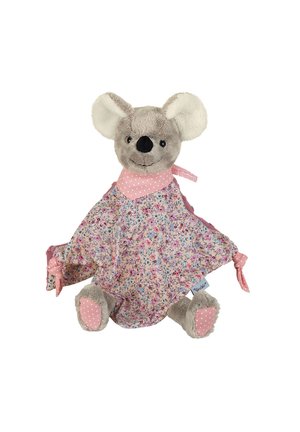 Kuscheltier Koala mit einem floral gemusterten Körper, pinken Akzenten und Plüschohren. Beinhaltet ein gepunktetes Lätzchen und verknotete Stoffarme.