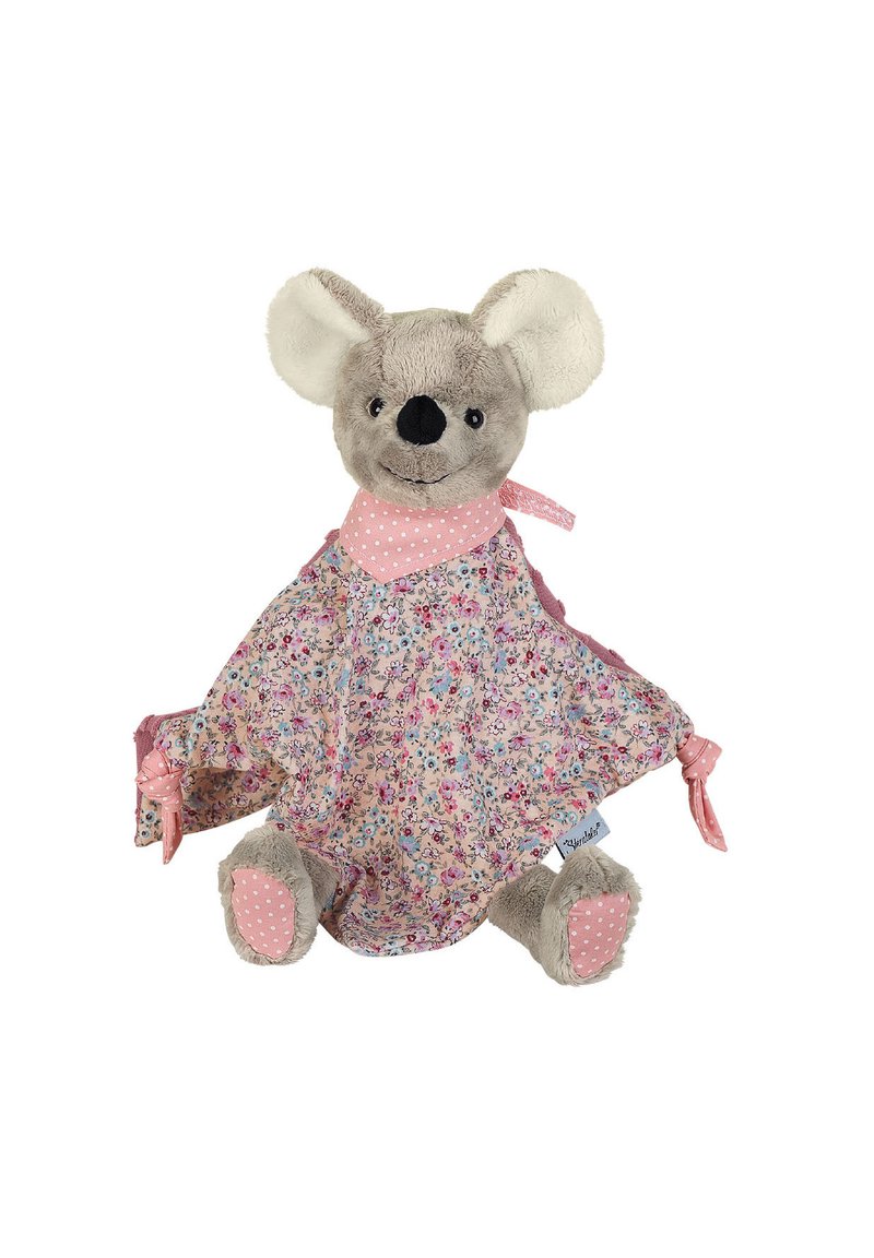 Kuscheltier Koala mit einem floral gemusterten Körper, pinken Akzenten und Plüschohren. Beinhaltet ein gepunktetes Lätzchen und verknotete Stoffarme.