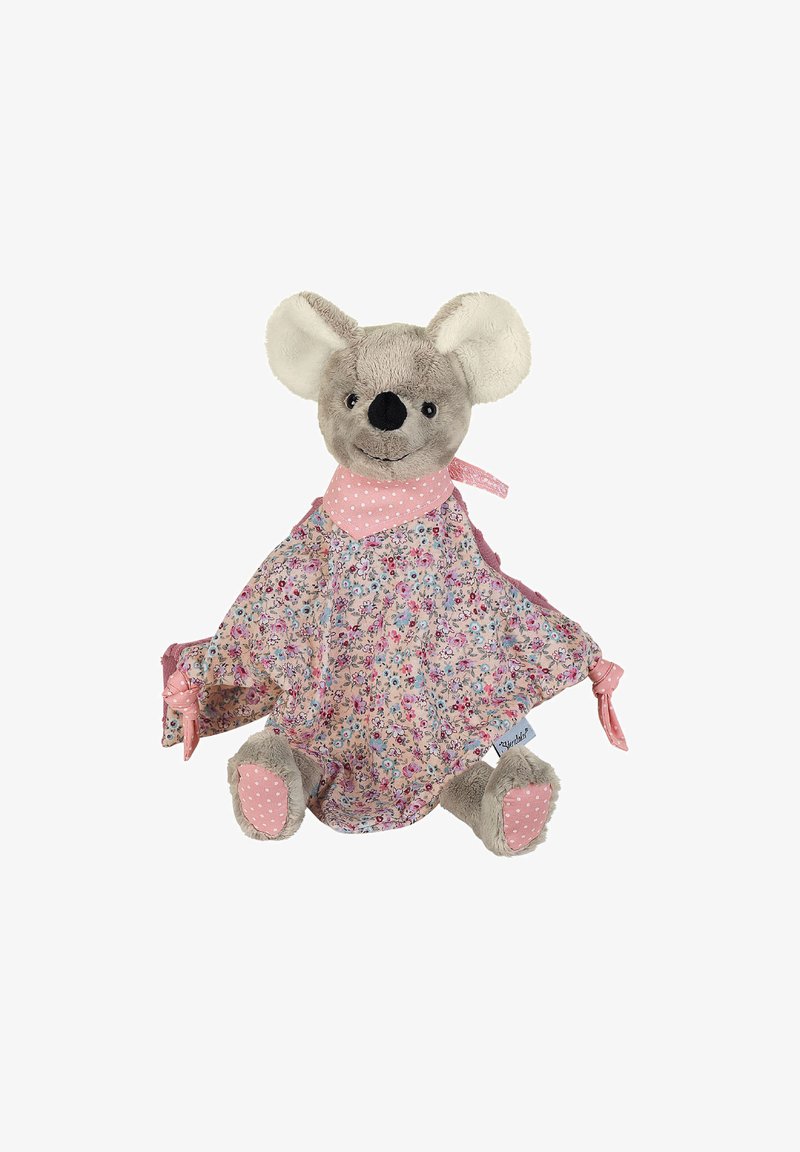 Kuscheltier Koala mit einem floral gemusterten Körper, pinken Akzenten und Plüschohren. Beinhaltet ein gepunktetes Lätzchen und verknotete Stoffarme.