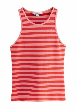 Top sans manches en tricot avec des rayures horizontales roses et rouges, encolure ronde, et une étiquette vêtement indiquant "NEXT" au col.