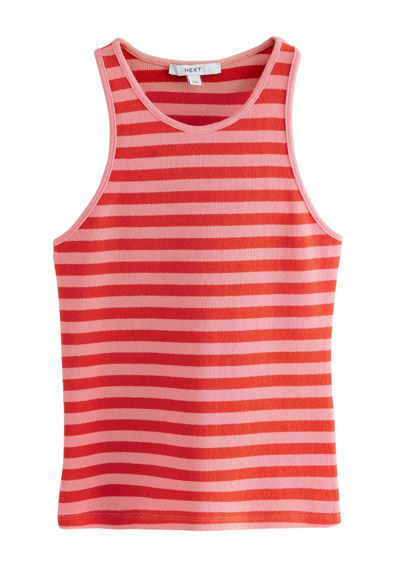Top sans manches en tricot avec des rayures horizontales roses et rouges, encolure ronde, et une étiquette vêtement indiquant "NEXT" au col.