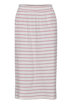 Gonna a lunghezza ginocchio a righe in tessuto morbido e leggero; presenta righe orizzontali rosa chiaro e bianche, con un elastico in vita per il massimo comfort.