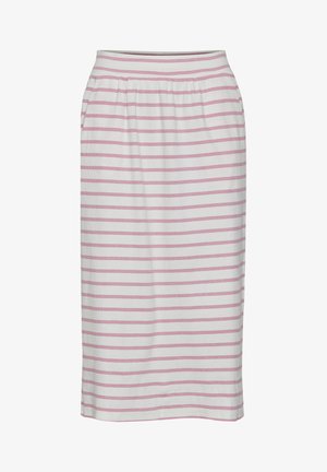 Gonna a lunghezza ginocchio a righe in tessuto morbido e leggero; presenta righe orizzontali rosa chiaro e bianche, con un elastico in vita per il massimo comfort.