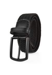 Cinturón trenzado negro con una correa de cuero liso y una hebilla de metal negro. La trenza añade textura, mientras que el cuero proporciona durabilidad.