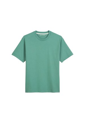 Groene katoenen T-shirt met ronde hals en korte mouwen. Heeft een reguliere pasvorm en een gladde textuur, geschikt voor casual gebruik. Geen graphics of patronen.