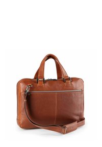 Borsa per laptop in pelle tan con finitura testurizzata, manici superiori doppi, tracolla regolabile e tasca anteriore con zip.