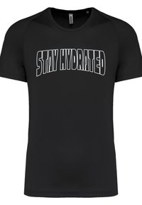 Black athletic t-shirt made of breathable fabric. Features bold white text "STAY HYDRATED" prominently displayed across the chest.