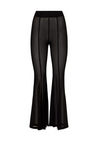 Pantalones acampanados negros hechos de material transparente con una cinturilla negra sólida y costuras verticales. El dobladillo es ancho, creando un efecto fluido.