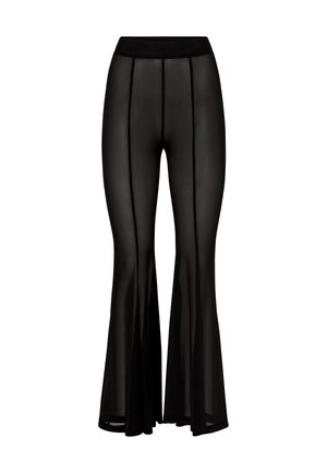 Μαύρο φαρδύ παντελόνι φτιαγμένο από διάφανο υλικό με στερεή μαύρη ζώνη και κατακόρυφες ραφές. Το στρίφωμα είναι φαρδύ, δημιουργώντας ένα ρέον αποτέλεσμα.