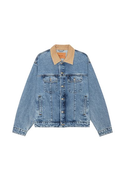 Jeansjacke mit hellbraunem Cordkragen, Knopfleiste, zwei Brustklappentaschen und zwei seitlichen Einschubtaschen an langen Ärmeln.