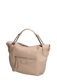 Beige leren handtas met een textuurafwerking, voorzien van een ritssluiting aan de bovenkant, een ritsvak aan de voorkant en hardware in zilverkleur. Dubbele korte handvatten.