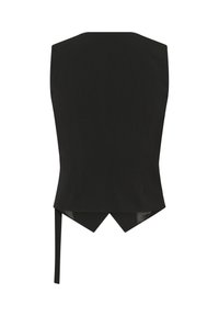 Čierny tielkový top s priliehavým strihom. Má výstrih do tvaru písmena V a detail na bočnom zaväzovaní, vyrobený z hladkej látky s matným povrchom.