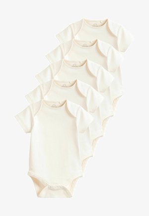 Pet kratkih rukava za bebe u mekoj, svijetloj krem boji, s kopčom na dnu i okruglim izrezom.