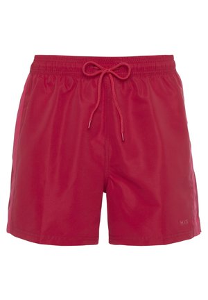 Rote Badehosen aus weichem, leichtem Stoff. Mit einem elastischen Bund und Kordelzug sowie einem kleinen Logo an der unteren Seite.