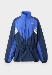Μαριν και μπλε ανοιχτό μπουφάν Adidas με ψηλό γιακά, μπροστινό φερμουάρ, ελαστικό ρυθμιζόμενο στη μέση και λευκές ρίγες στο στήθος και τα μανίκια.