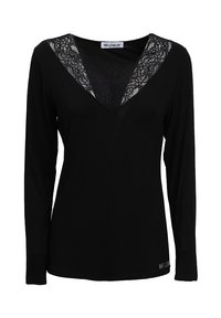 Schwarzes Langarmshirt mit tiefem V-Ausschnitt und Spitzenakzenten. Weicher Stoff mit taillierter Passform und dem Aufdruck "INFLUENCER".