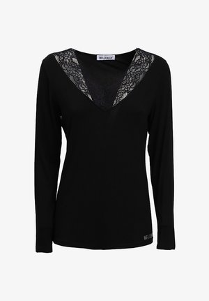 Maglietta nera a maniche lunghe con scollatura a V profonda decorata con dettagli in pizzo. Tessuto morbido con un design aderente e accento del logo "INFLUENCER".