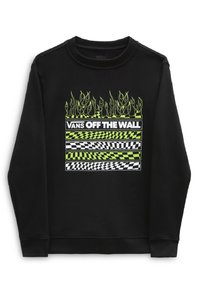 Felpa nera con un audace design grafico caratterizzato da fiamme verdi e motivi a scacchi. Il materiale sembra morbido e presenta uno stile a girocollo.