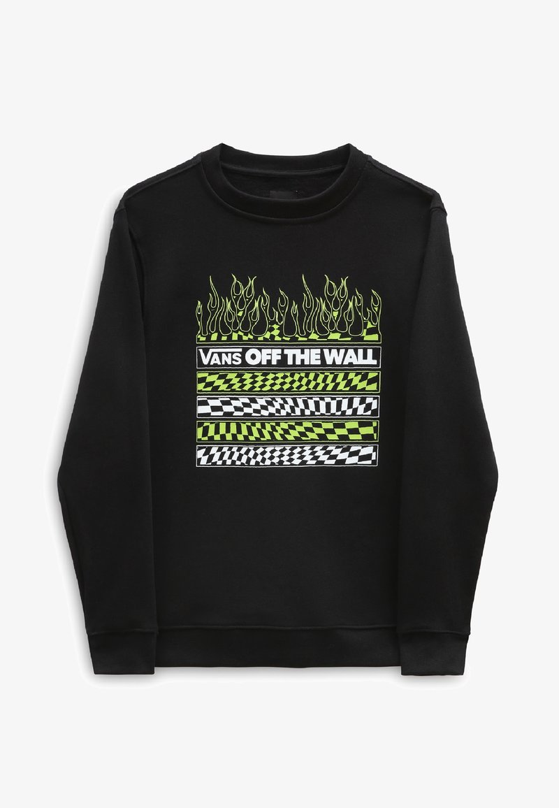 Sudadera negra con un llamativo diseño gráfico que presenta llamas verdes y un patrón de tablero de ajedrez. El material parece suave y tiene un estilo de cuello redondo.