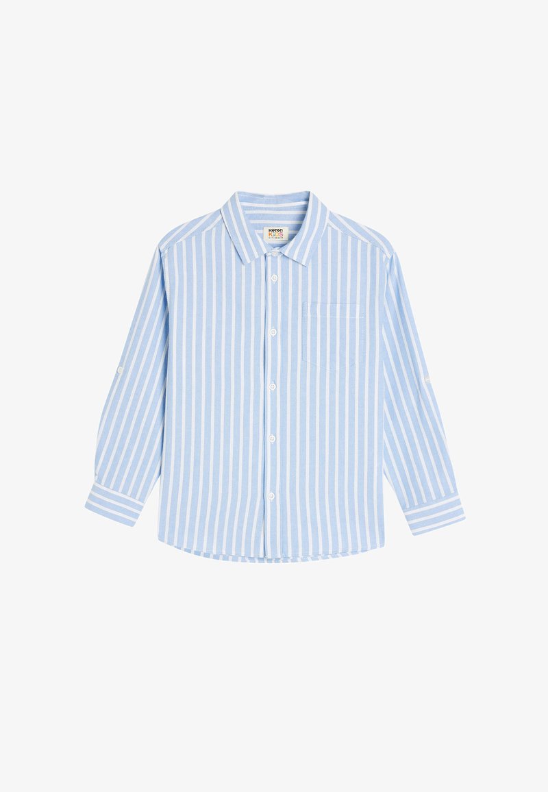 Lichtblauw hemd met lange mouwen, witte verticale strepen, knopen aan de voorkant, puntige kraag en een borstzak aan de linkerkant. Gemaakt van katoen, casual ontwerp.